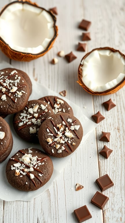 Chocolate Coconut No-Bake Cookies with coconut halves and chocolate squares