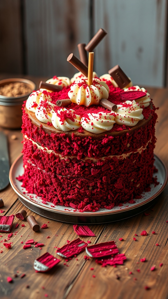 A bold red velvet cake with cream cheese frosting and chocolate decorations on a wooden table.