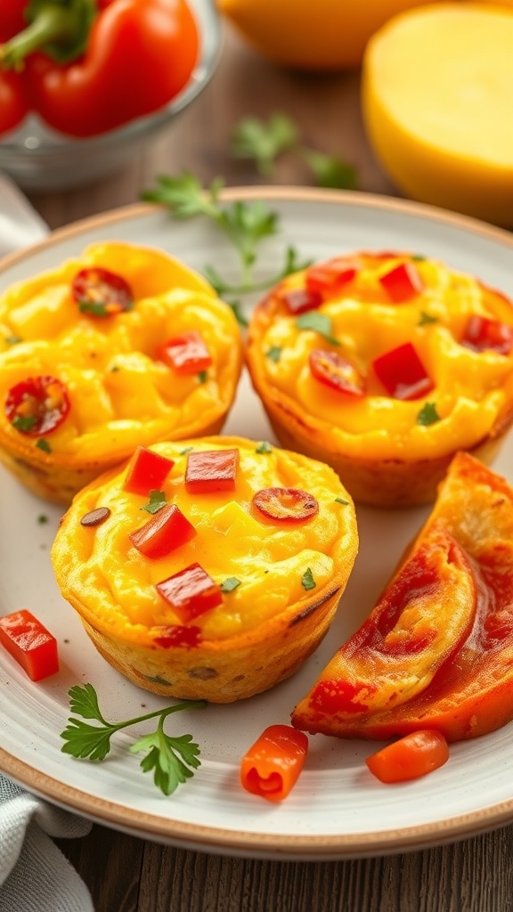 A plate of egg muffins with bell peppers and cheese, garnished with fresh herbs.