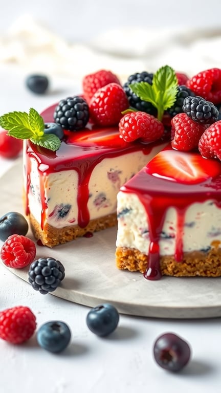 A delicious berry mixed cheesecake topped with fresh strawberries, raspberries, blueberries, and blackberries, drizzled with berry sauce.