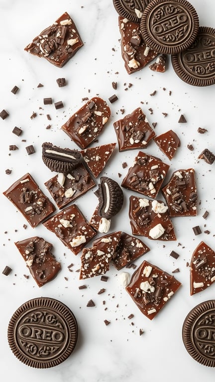 A delicious spread of Oreo chocolate bark pieces with whole Oreos scattered around.