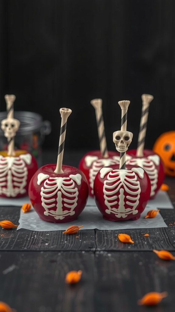 Skeleton candy apples with white chocolate skeleton designs on a dark background