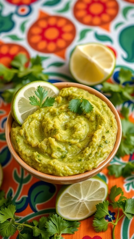A bowl of classic guacamole garnished with cilantro and lime wedges, set against a colorful background.