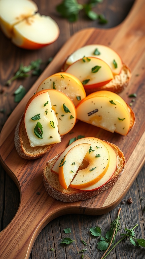 Apple and Cheddar Crostini on a wooden board with fresh herbs
