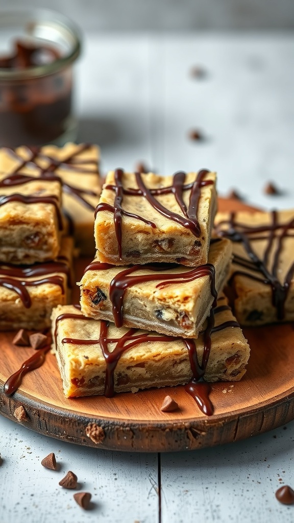 Delicious no bake cookie dough bars drizzled with chocolate on a wooden platter.