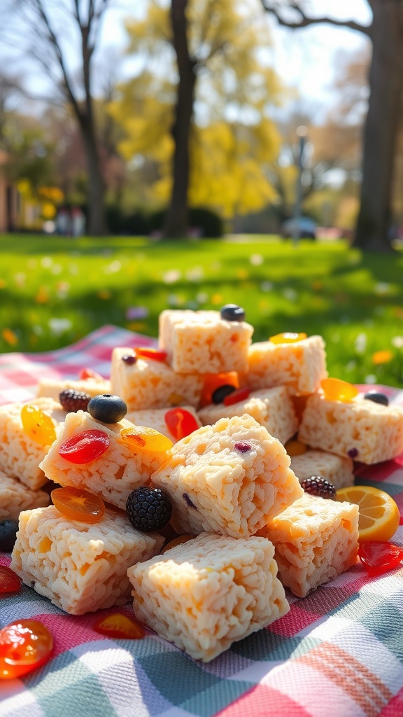 A pile of Rice Krispie treats topped with dried fruit, set on a picnic blanket in a sunny park.