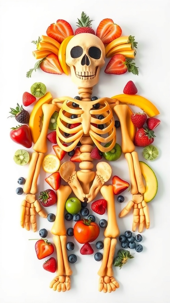A creative skeleton made of fruits including strawberries, blueberries, and bananas.
