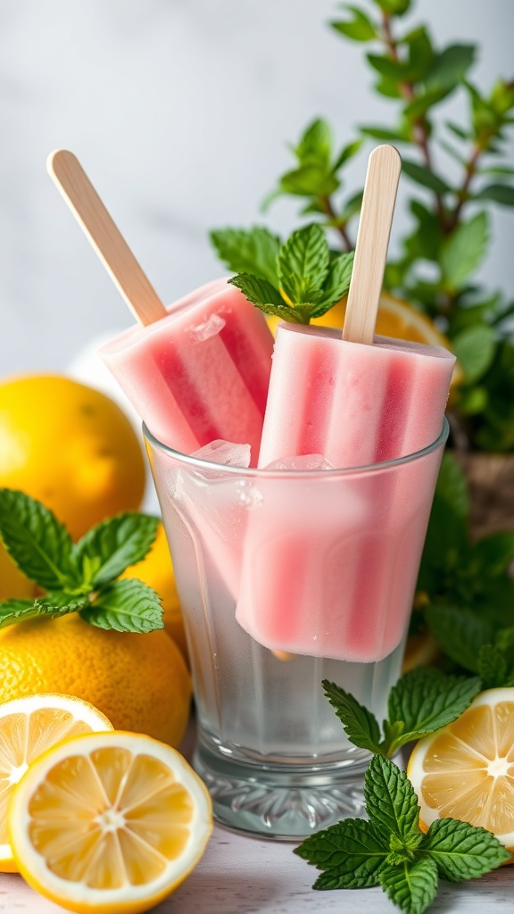 Two pink lemonade popsicles in a glass with lemons and mint leaves