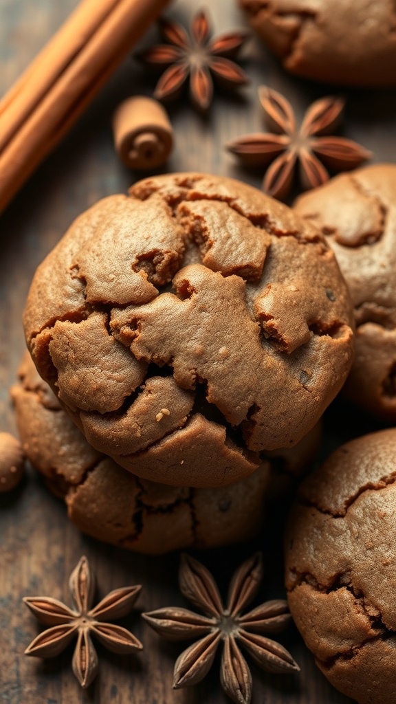 A stack of spiced molasses cookies surrounded by star anise and cinnamon sticks