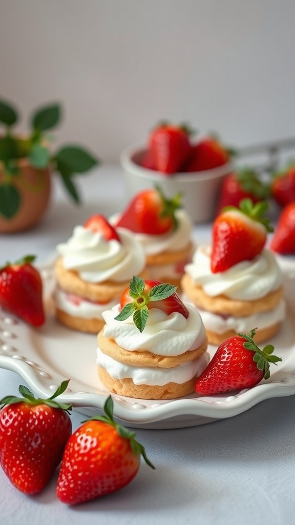 A plate of strawberry shortcake bites topped with whipped cream and fresh strawberries.