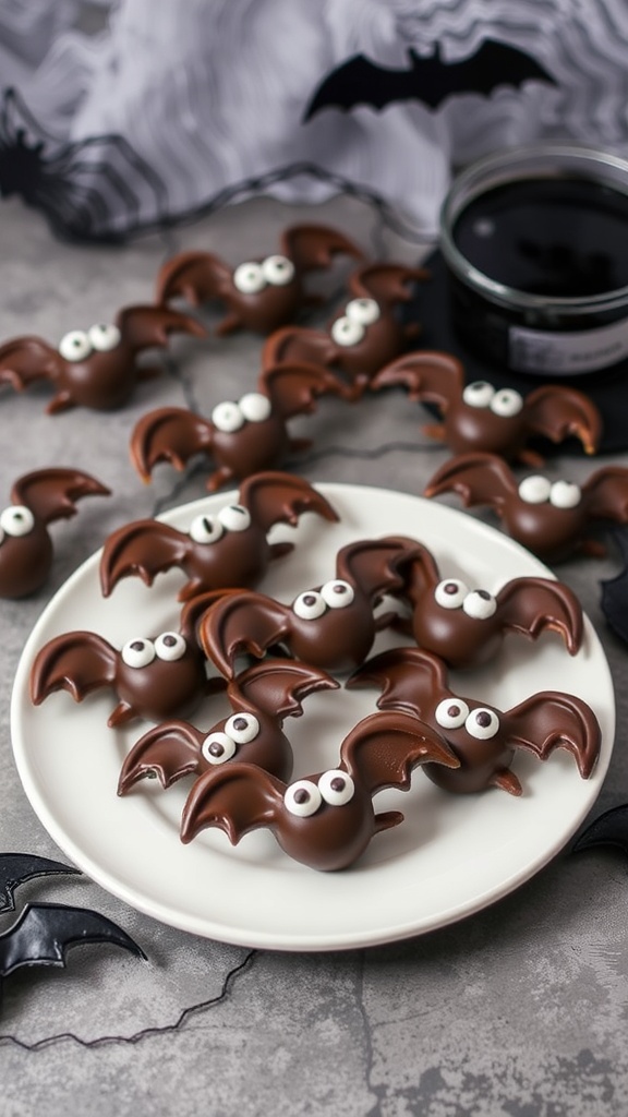 A plate of chocolate-covered pretzel bats with candy eyes and orange pretzel legs.