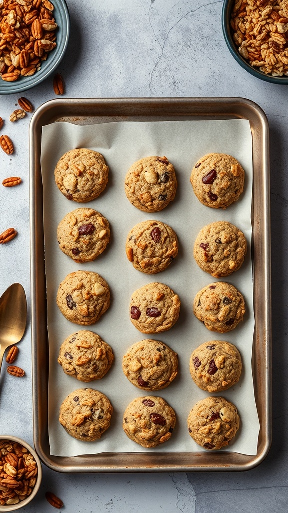 A tray of nutty granola no bake cookies with bowls of granola and nuts around.