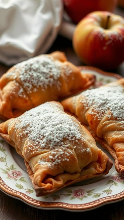 Delicious apple turnovers dusted with powdered sugar on a floral plate, with fresh apples in the background.