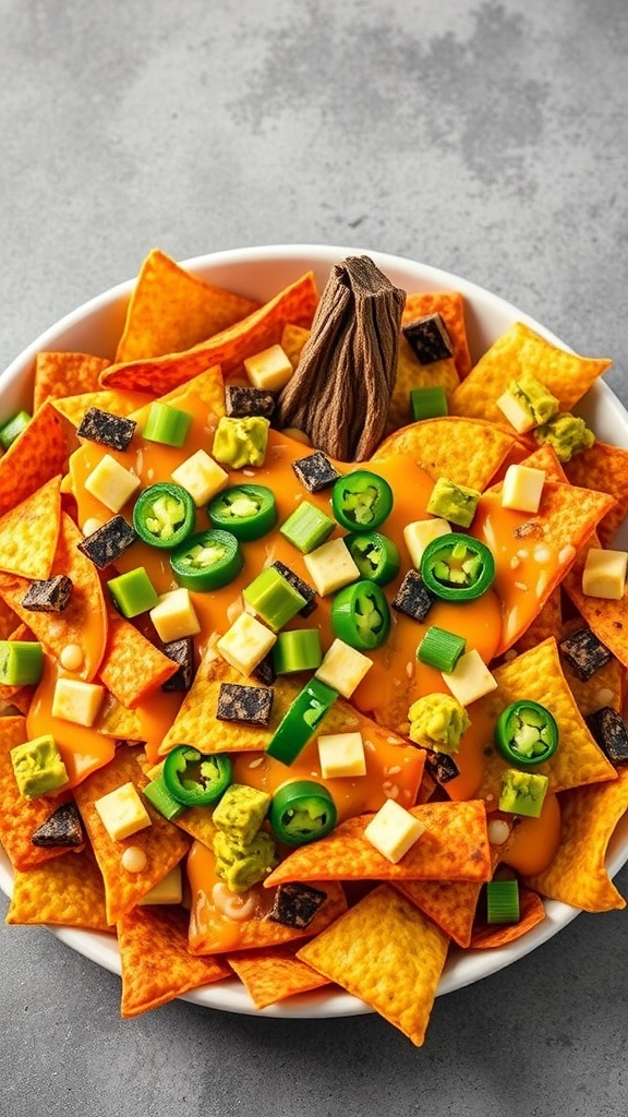 A bowl of colorful nachos topped with cheese, jalapeños, and other toppings.