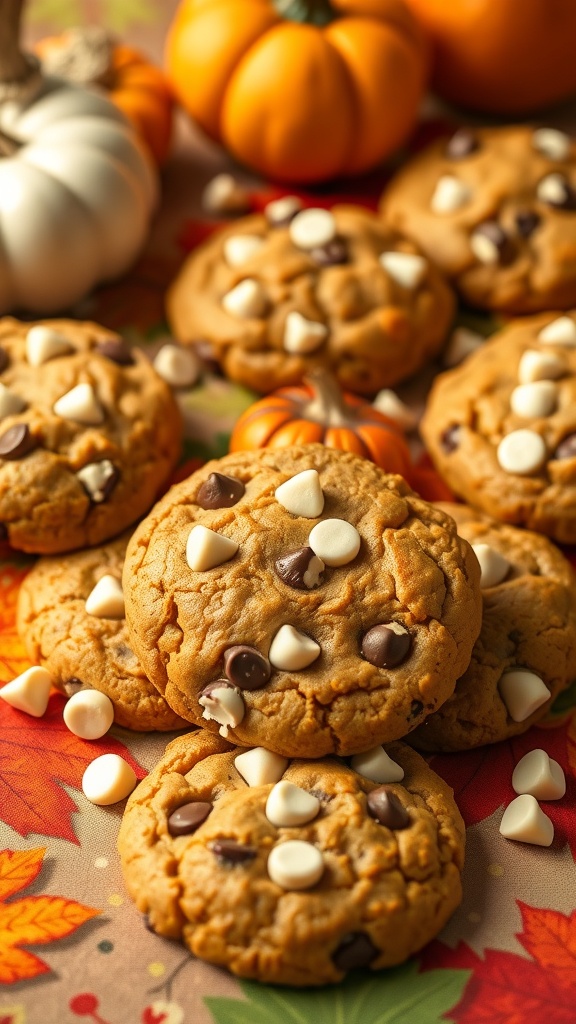 Pumpkin chocolate chip cookies with white chocolate chips on a colorful autumn-themed table