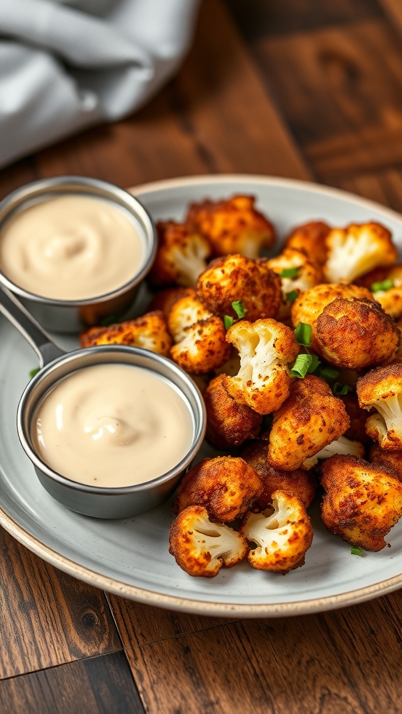A plate of crispy cauliflower hash browns served with dipping sauces.