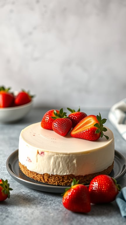 A classic New York style cheesecake topped with fresh strawberries on a gray plate.