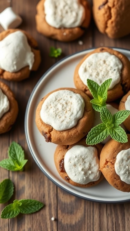 A plate of vegan s'mores cookies topped with marshmallow and mint leaves