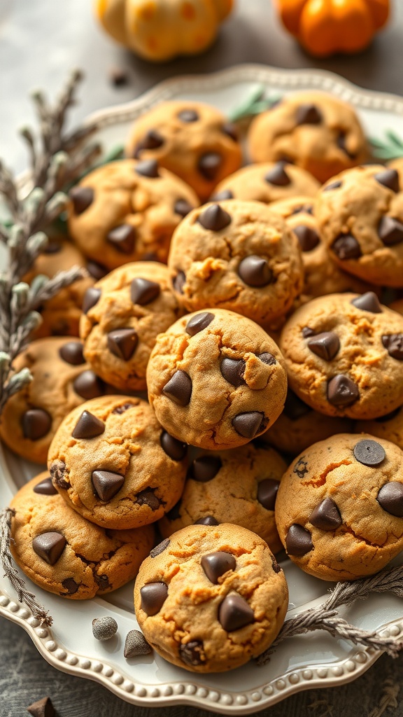 A plate of mini pumpkin chocolate chip cookies, showcasing their golden color and chocolate chips.