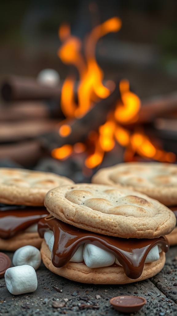 Delicious s'mores cookies with chocolate and marshmallows, with a campfire in the background.