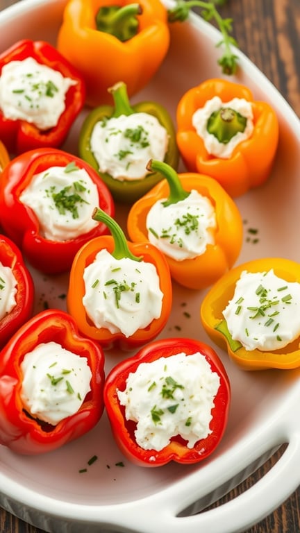 A platter of stuffed mini peppers filled with creamy filling and garnished with herbs.