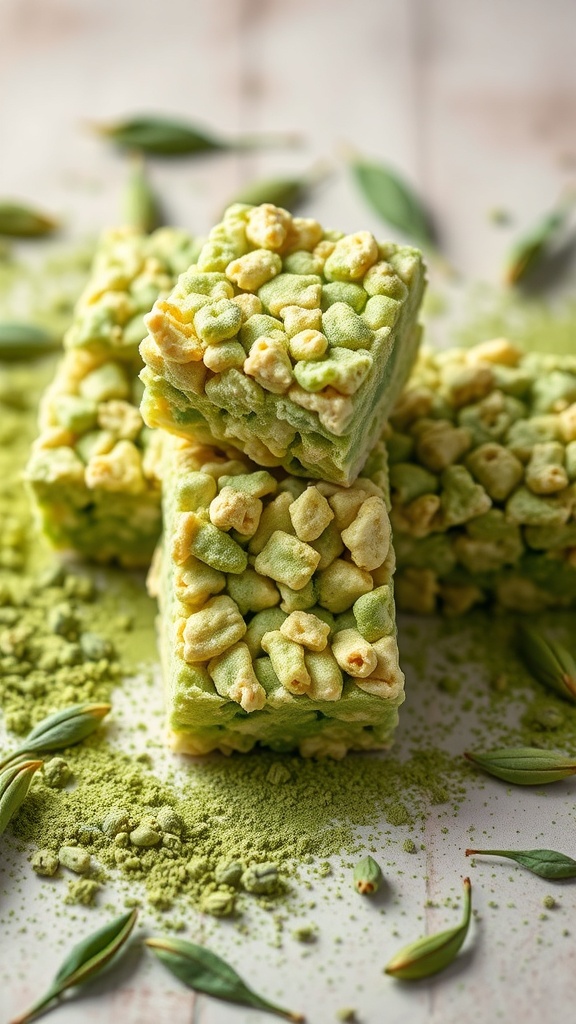 A stack of Matcha Rice Krispie Treats with a sprinkle of matcha powder around them.