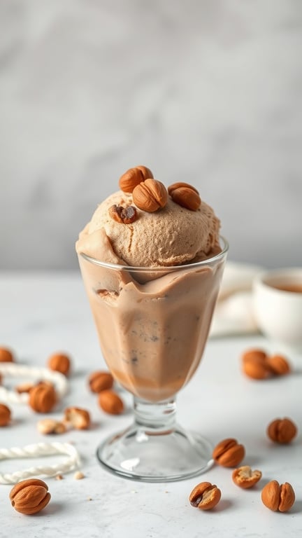 A glass dish filled with rich coffee hazelnut ice cream, topped with hazelnuts.