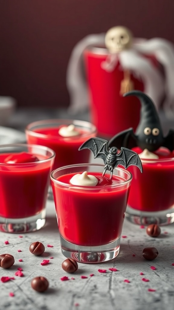 Vampire blood pudding shots in clear glasses with red pudding and spooky decorations