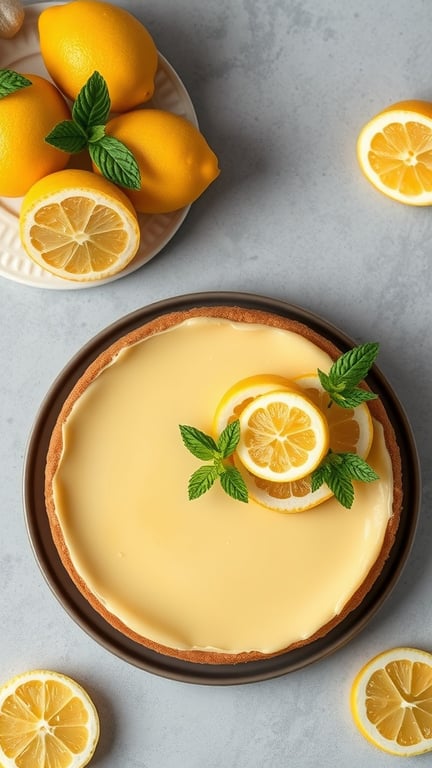 A lemon zest cheesecake topped with lemon slices and mint leaves, with whole lemons in the background.