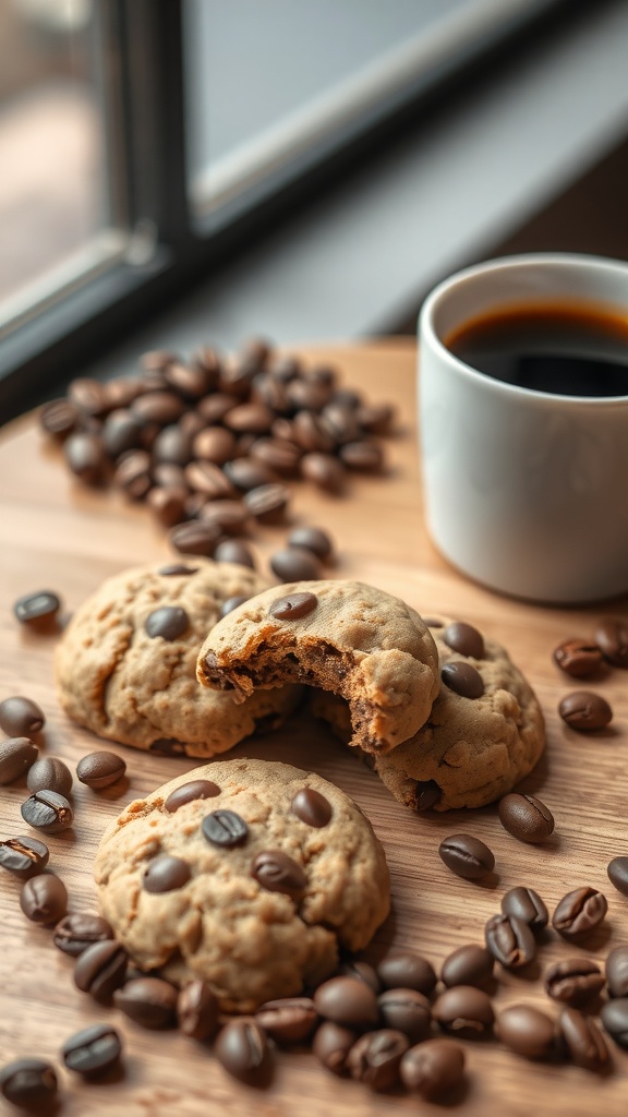 Espresso no bake cookies with coffee beans and a cup of coffee