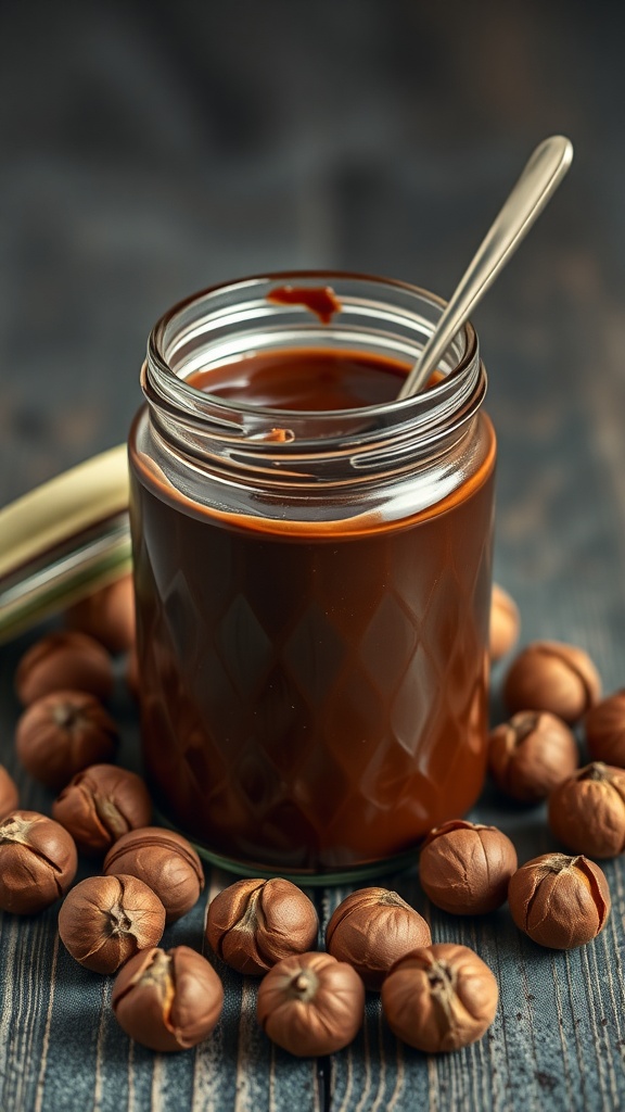 A jar of chocolate hazelnut spread surrounded by hazelnuts.