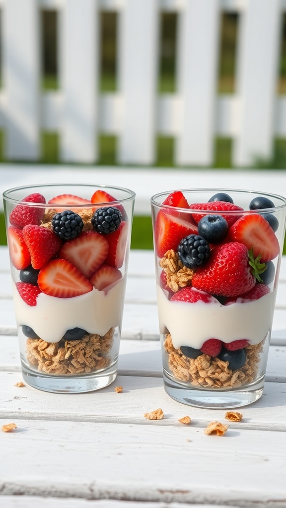 Two fruit and yogurt parfaits with strawberries, blueberries, and granola in clear glasses.