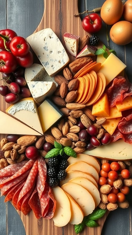 A beautifully arranged cheese and charcuterie board featuring various cheeses, meats, nuts, and fresh fruits.