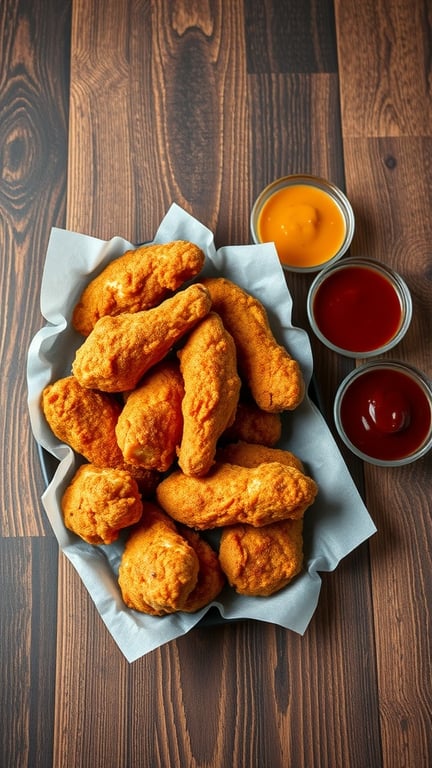 A platter of crispy chicken tenders with various dipping sauces.