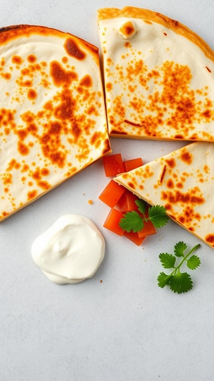 Cheese quesadillas with salsa and sour cream on a light background.