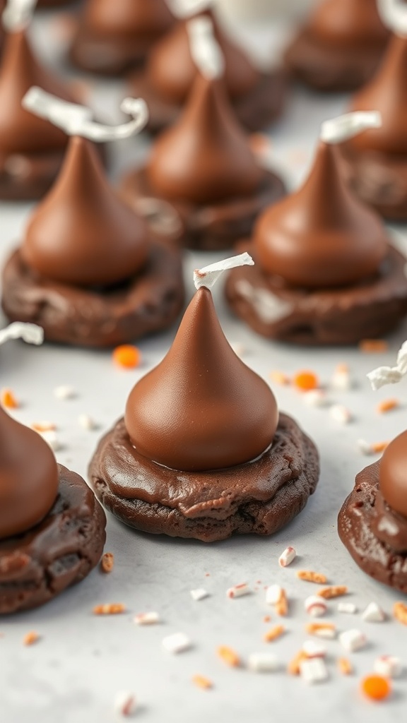 Chocolate cookies topped with chocolate kisses, resembling witch hats, surrounded by colorful sprinkles.