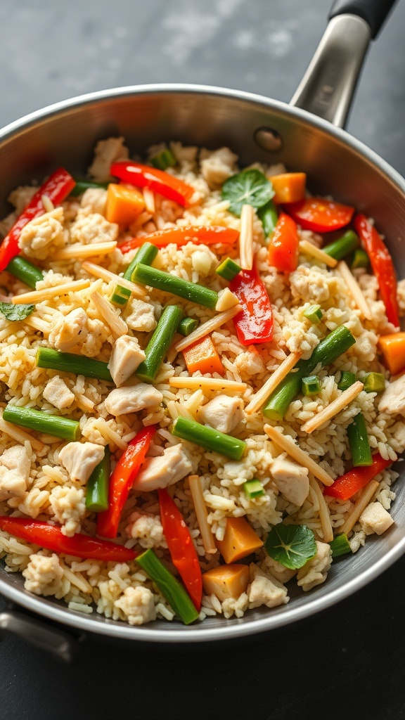 A colorful stir-fry with cauliflower rice, chicken, and assorted vegetables in a pan.