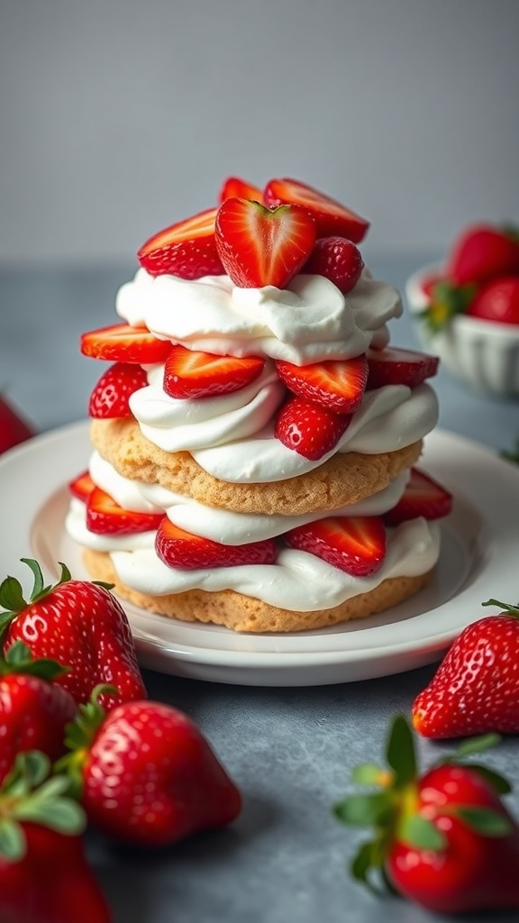 A delicious no-bake strawberry shortcake with layers of whipped cream and fresh strawberries.