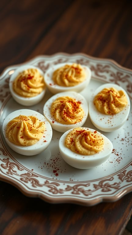 A plate of deviled eggs topped with smoked paprika, arranged neatly on a decorative plate.