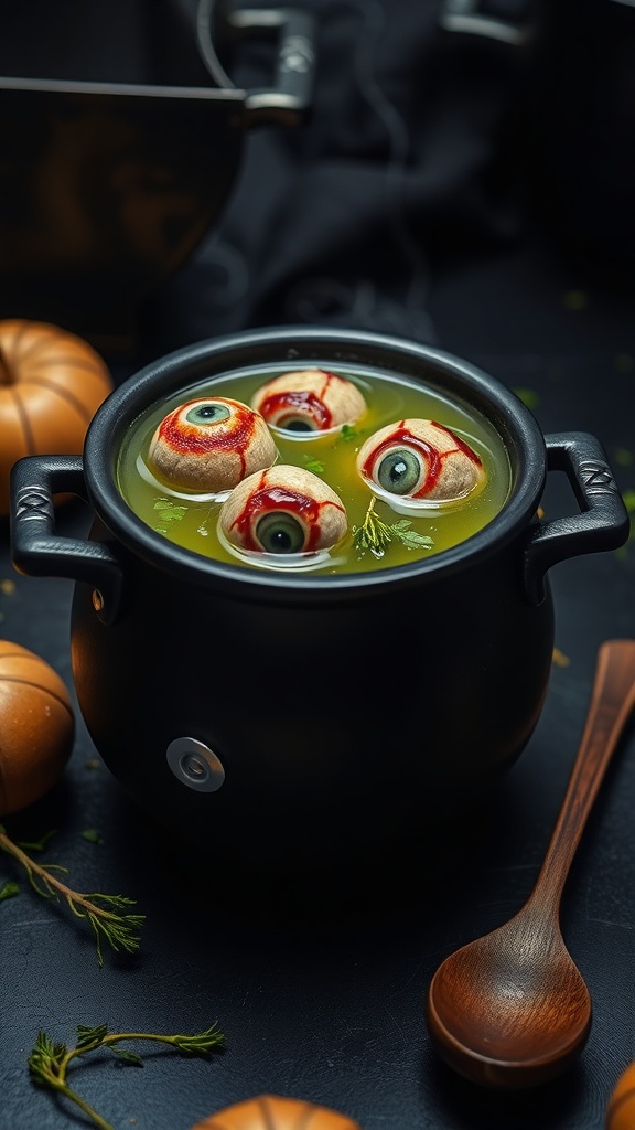 A cauldron filled with green soup and eyeball-shaped treats, perfect for Halloween.