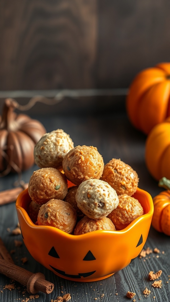 A bowl of pumpkin spice energy bites surrounded by pumpkins and cinnamon sticks.