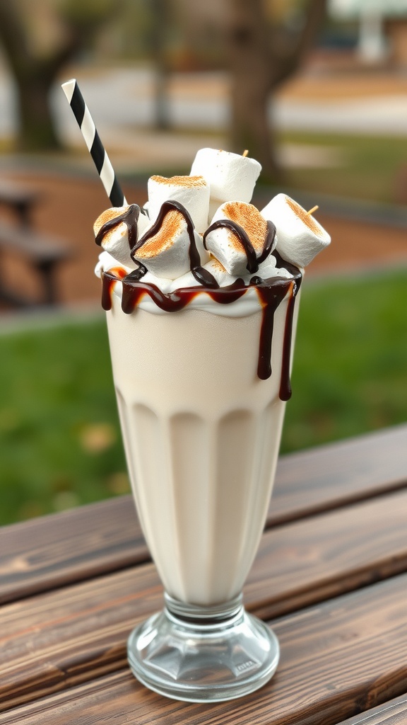 A delicious toasted marshmallow milkshake topped with toasted marshmallows and chocolate syrup.