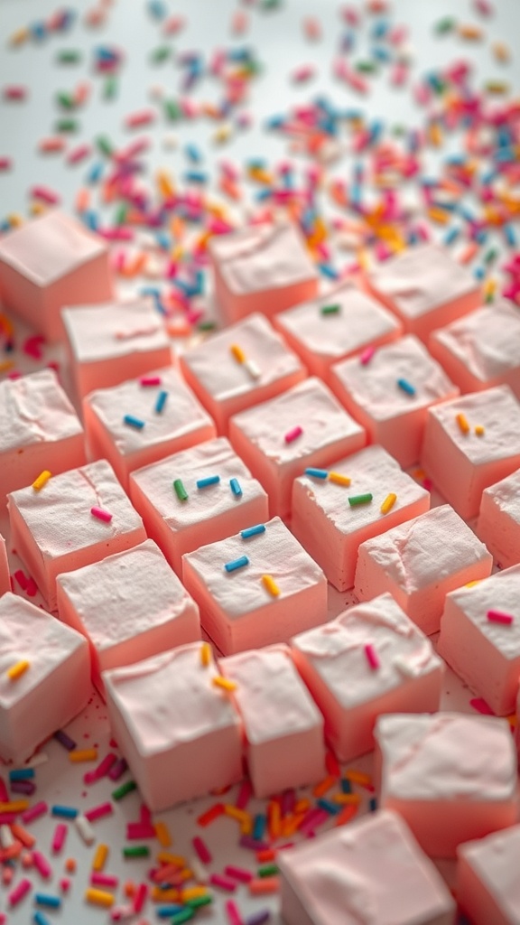 A close-up of pink marshmallow treats with colorful sprinkles scattered around.