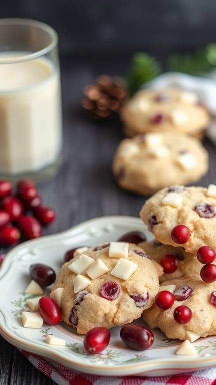 A plate of no-bake white chocolate cranberry cookies with cranberries and white chocolate pieces, alongside a glass of milk.