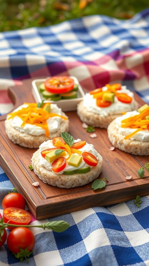 A wooden platter with rice cake sandwiches topped with cream cheese, tomatoes, and colorful veggies.