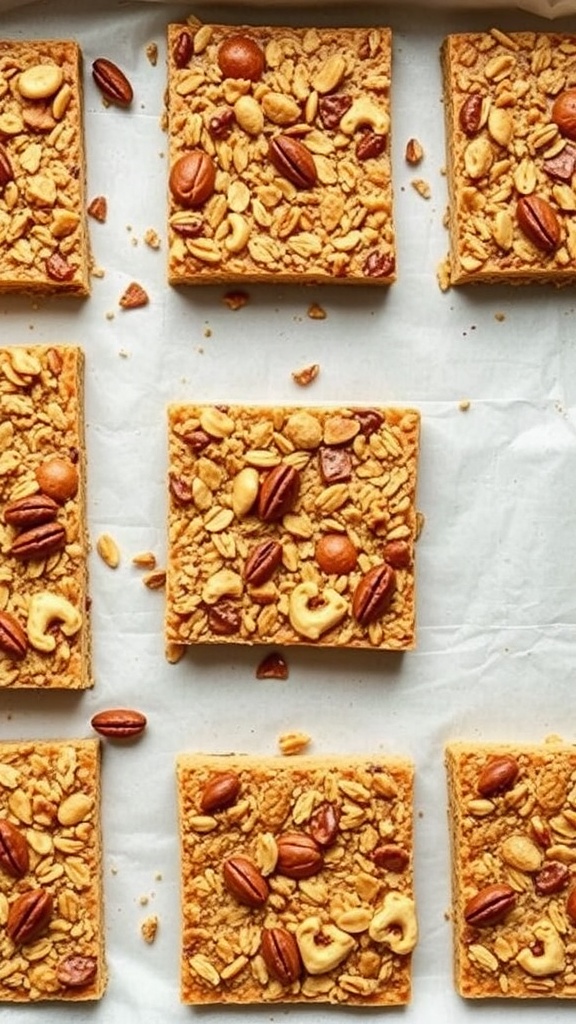 Nutty granola bars cut into squares, topped with various nuts