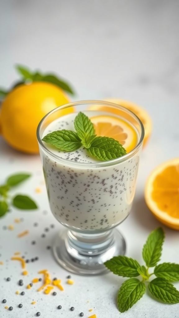 A glass of lemon chia seed pudding topped with mint leaves and lemon slices, surrounded by fresh lemons.