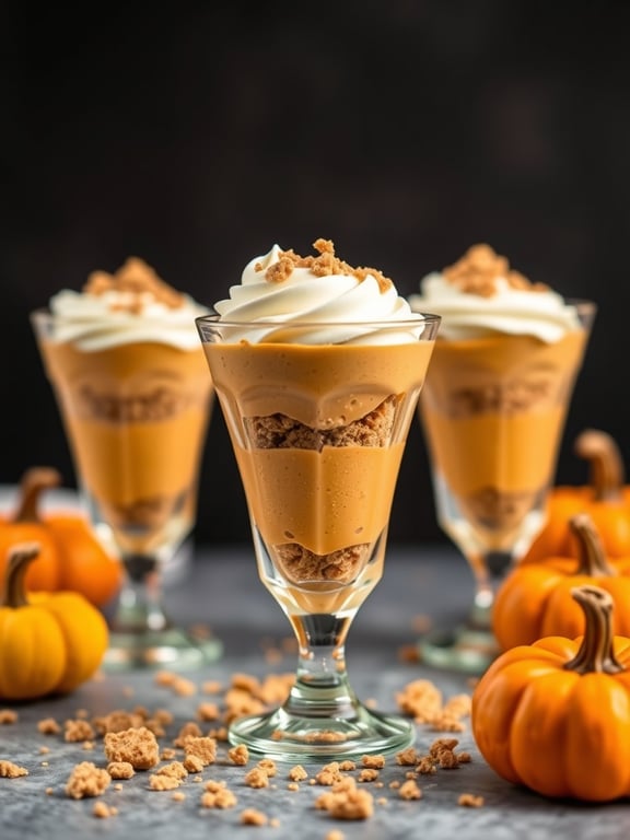 Three pumpkin mousse parfaits in elegant glasses, topped with whipped cream and cookie crumbs, surrounded by small pumpkins.