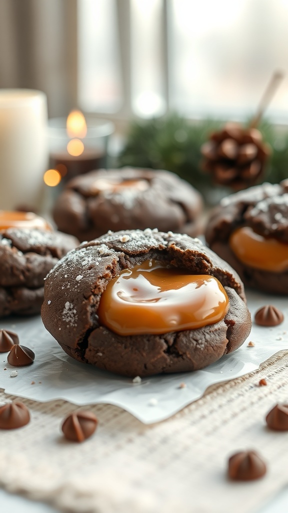 Delicious caramel stuffed chocolate cookies with a gooey center