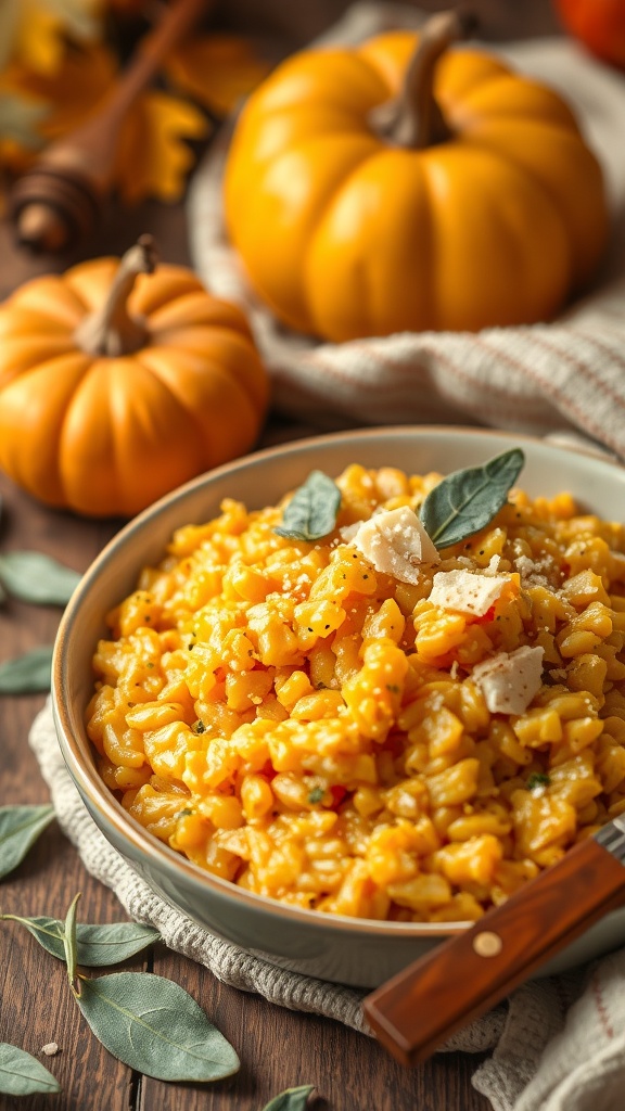 A bowl of spiced butternut squash risotto with small pumpkins in the background.